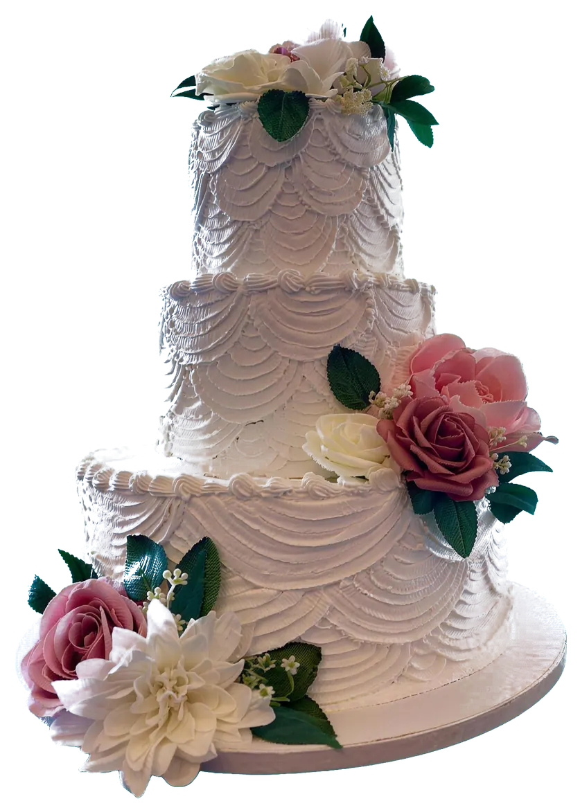A three-tier cake with scalloped piping and pink roses