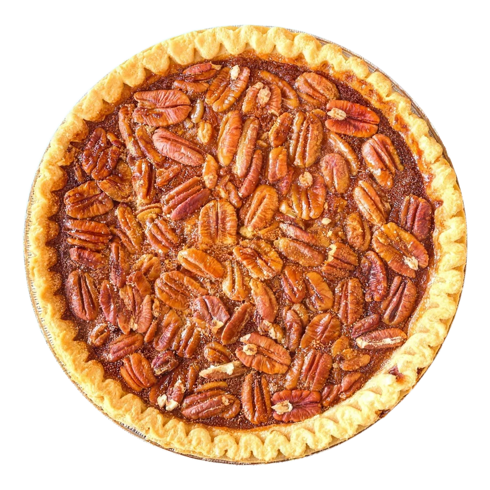 A whole pecan pie from above