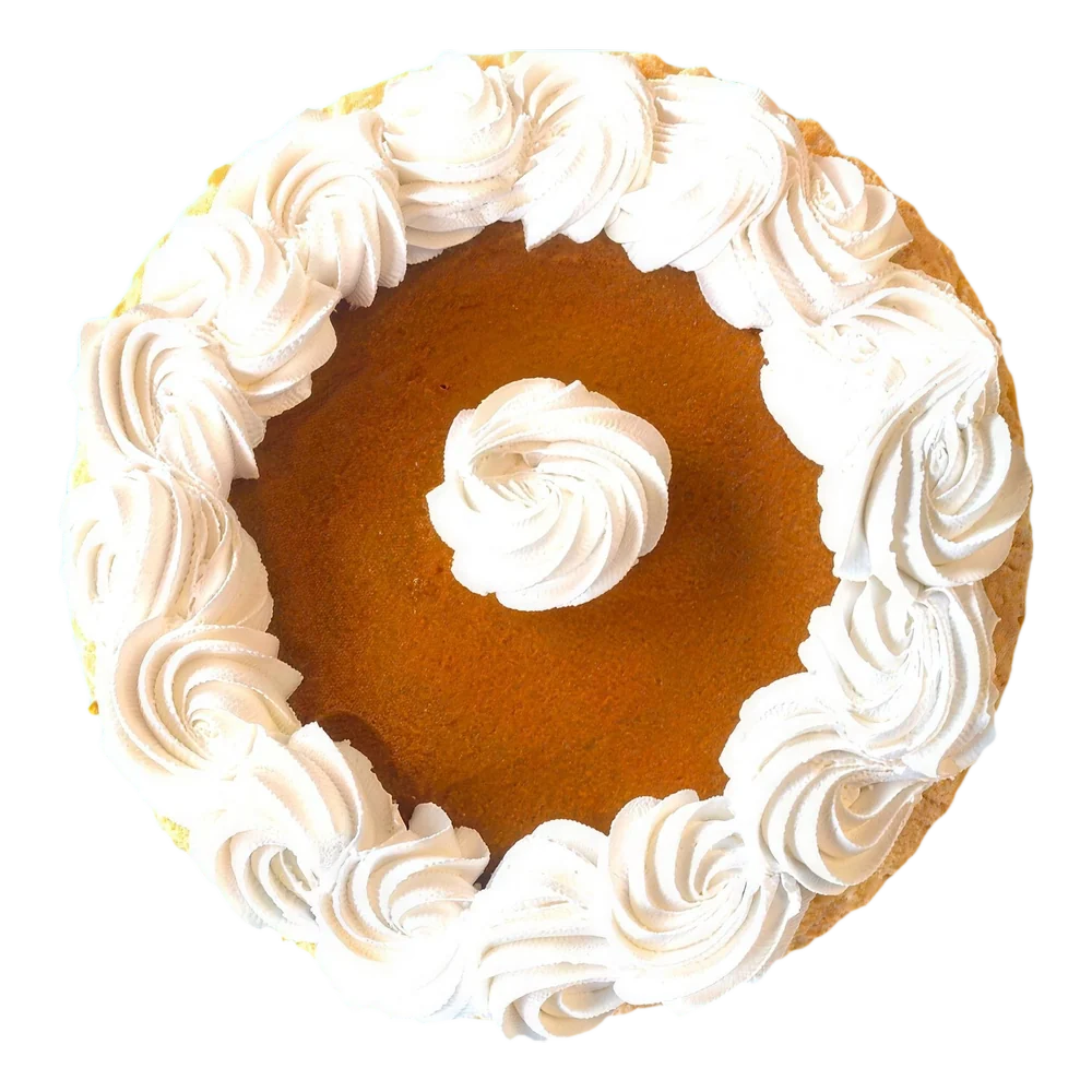 A whole pumpkin pie with a cream topping