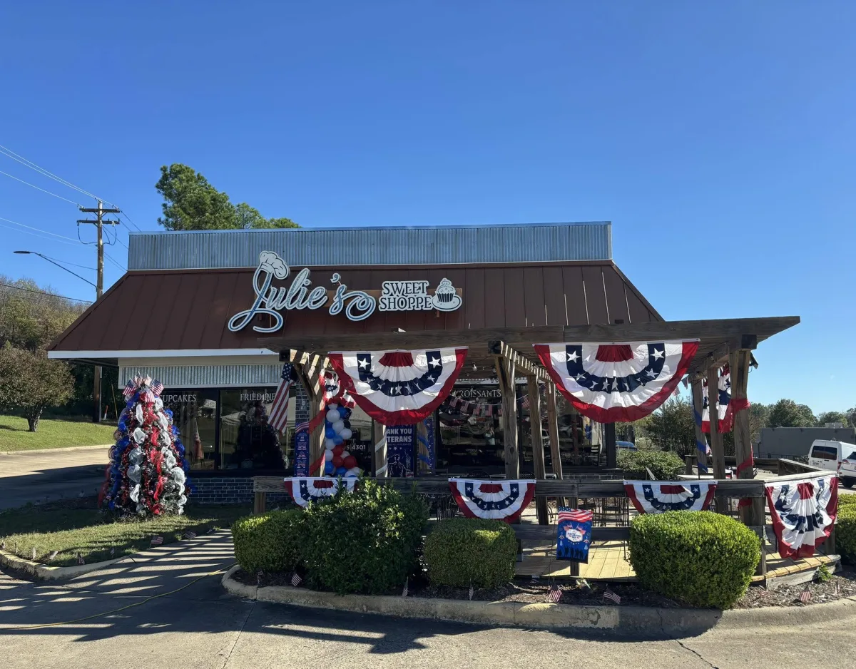 Julie's storefront on Skyline Drive, dressed with bunting for Veterans Day